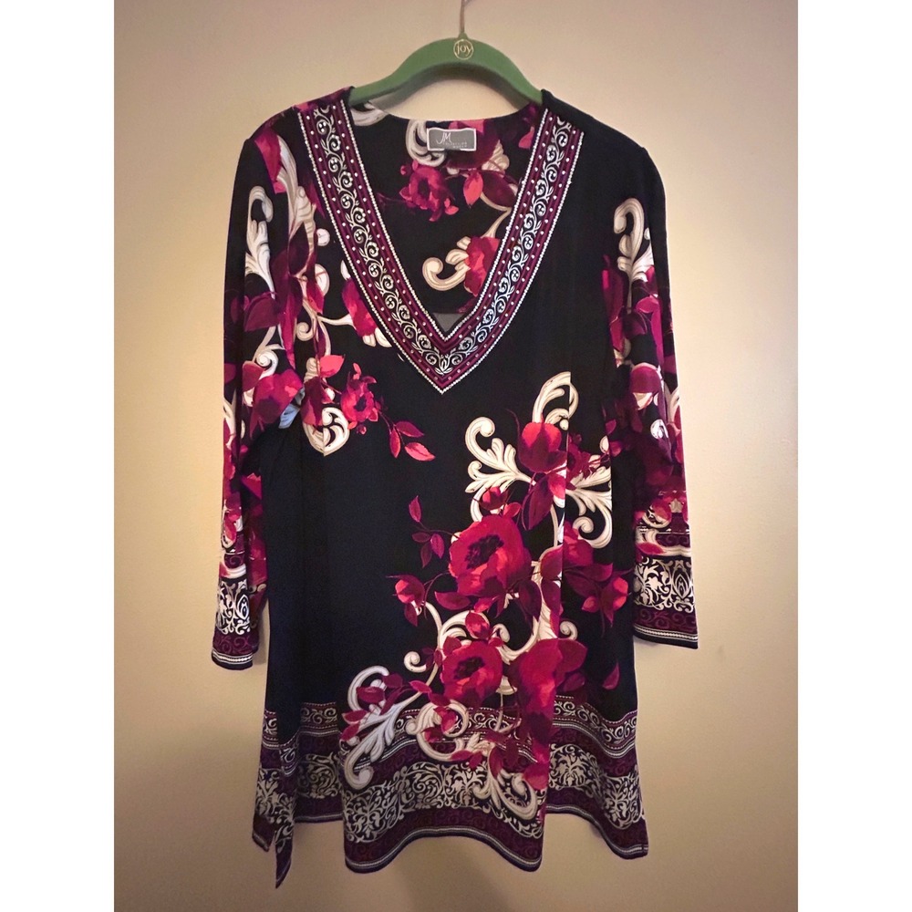 JM‎ Collection Floral Tunic Woman 0X Black Magenta Excellent Rhinestone V-Neck